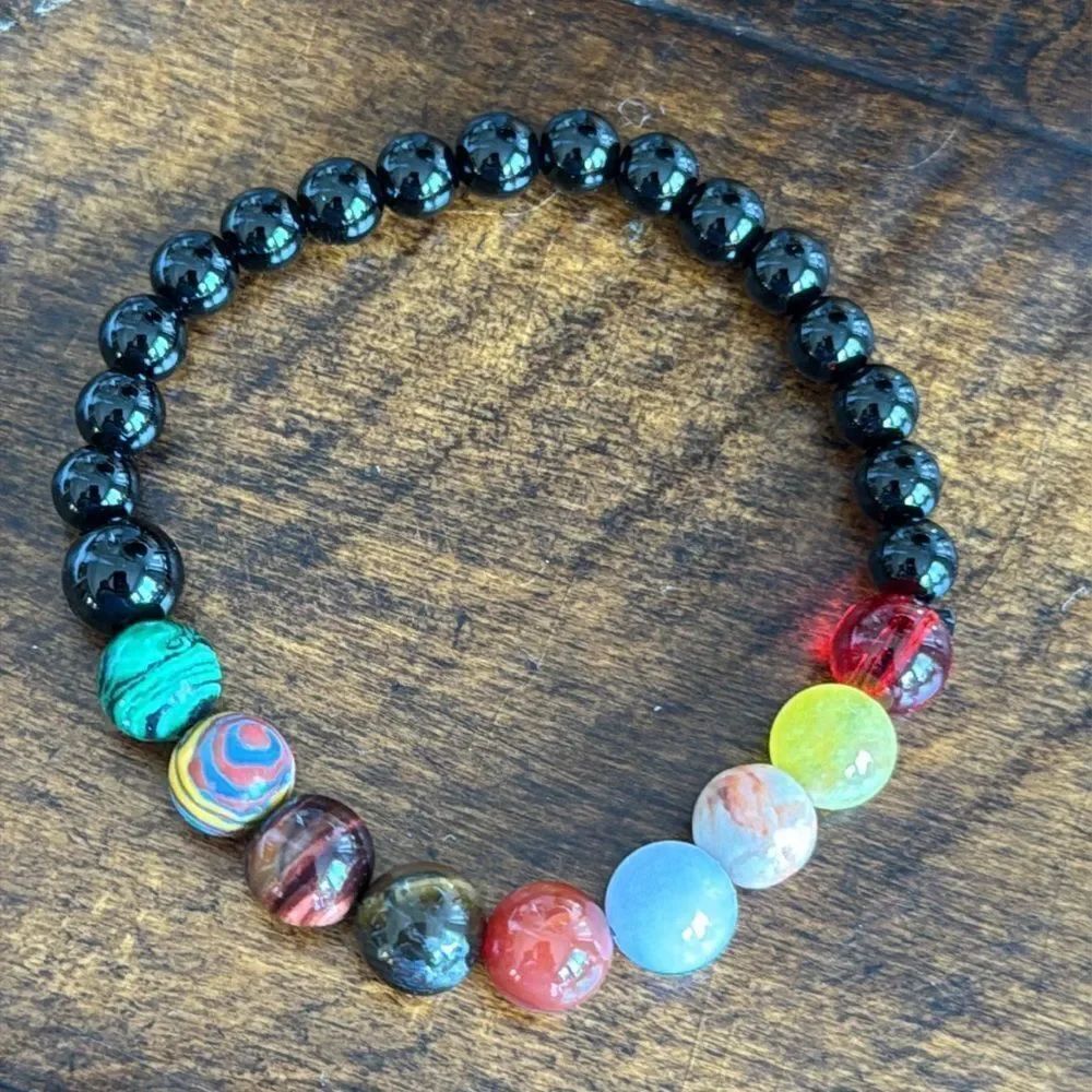 Colorful Chakra Energy Bead Bracelet, Stretch Design, Black Gloss & Gemstones